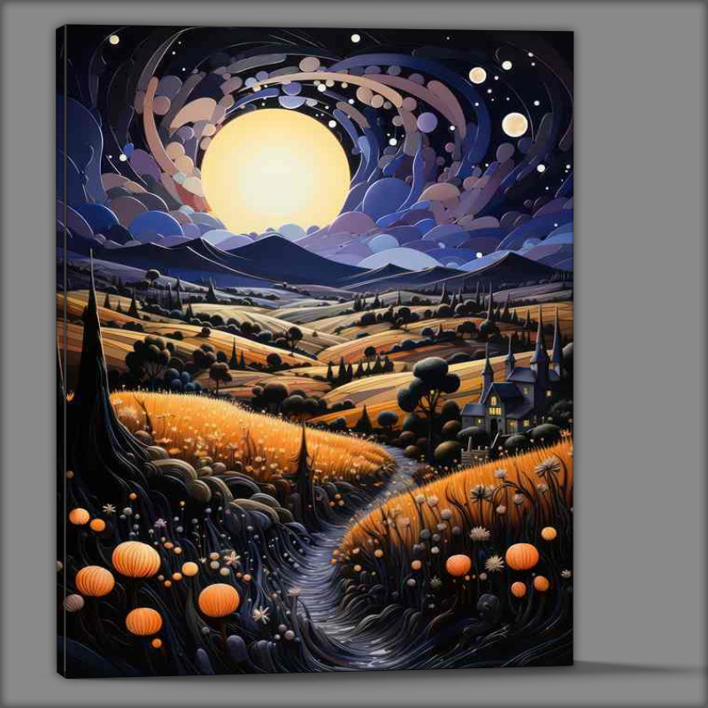 Buy Canvas : (Nocturnal Serenity Moonlight Graces the Rural Landscape)