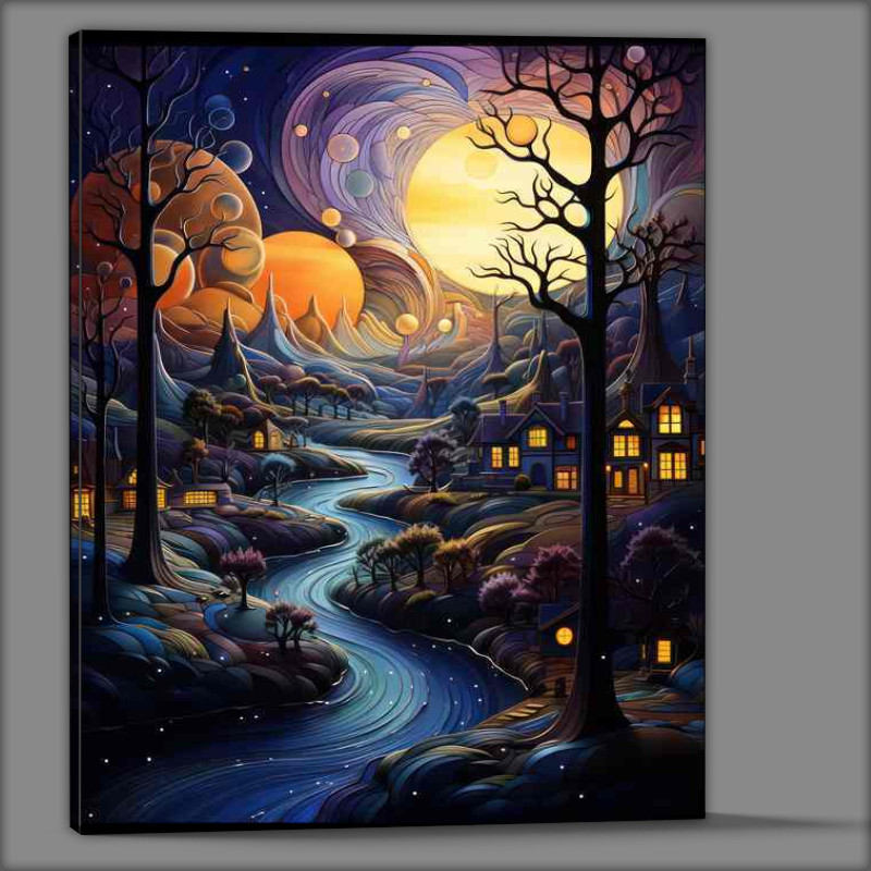 Buy Canvas : (Silvery Whispers Stars Illuminate the Village Night)