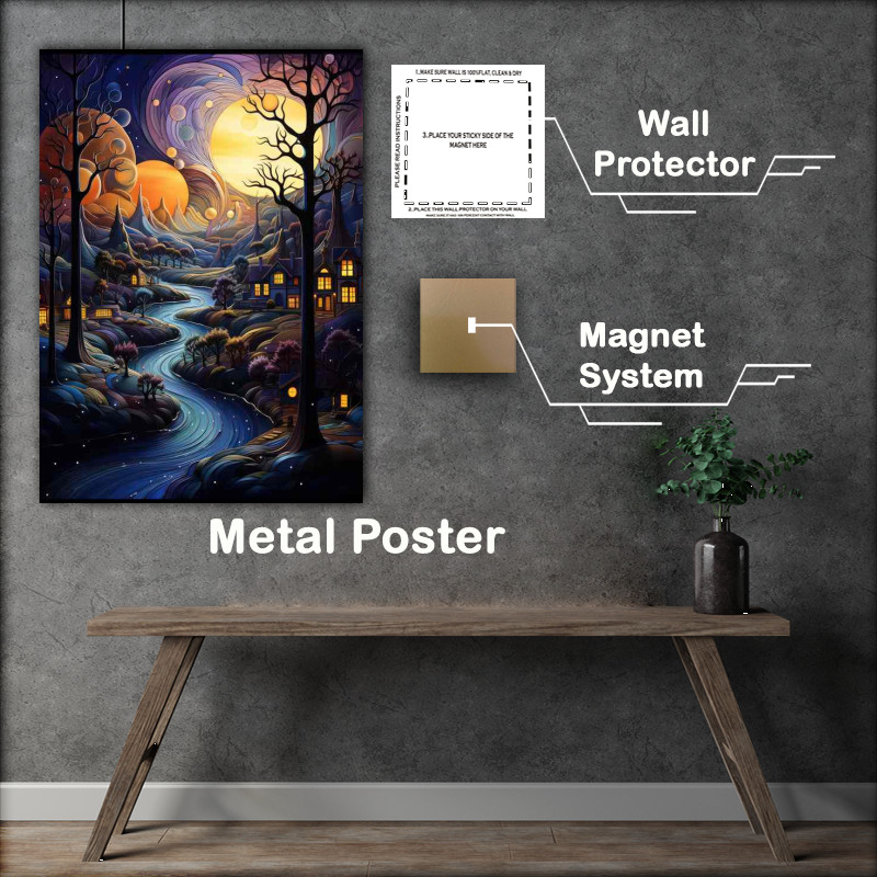 Buy Metal Poster : (Silvery Whispers Stars Illuminate the Village Night)
