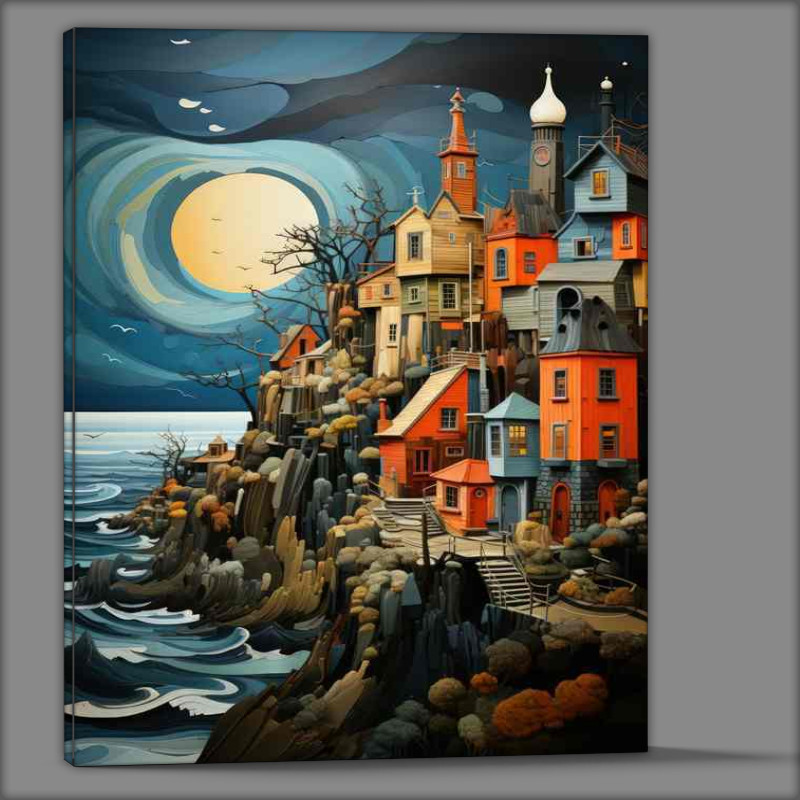 Buy Canvas : (Tranquil Tides Village Rests by Night Sea)