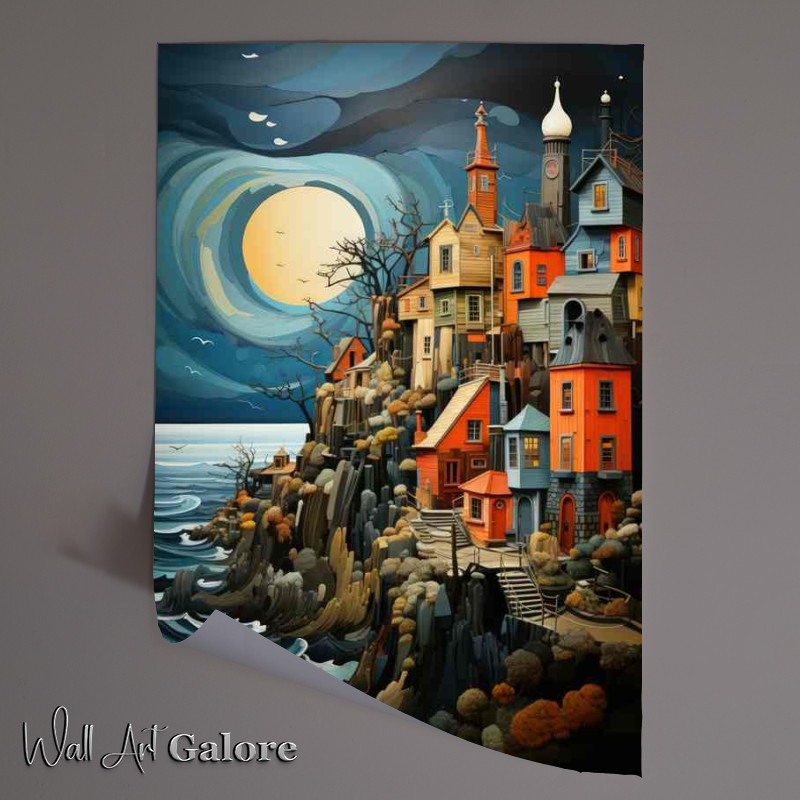 Buy Unframed Poster : (Tranquil Tides Village Rests by Night Sea)