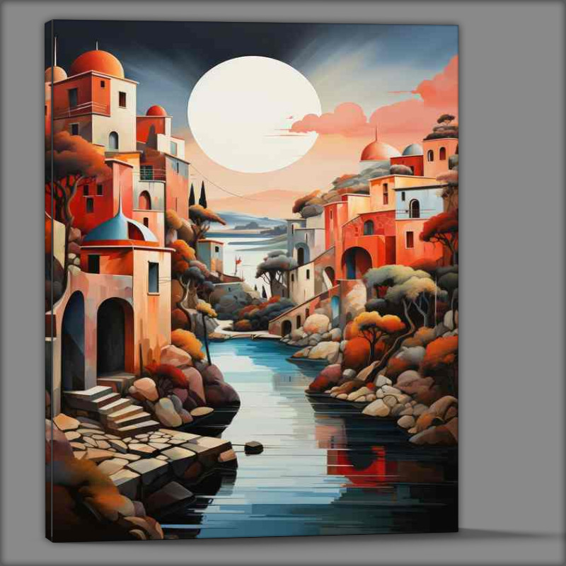 Buy Canvas : (Tranquil Tones Pastel Village Alongside Gentle River)