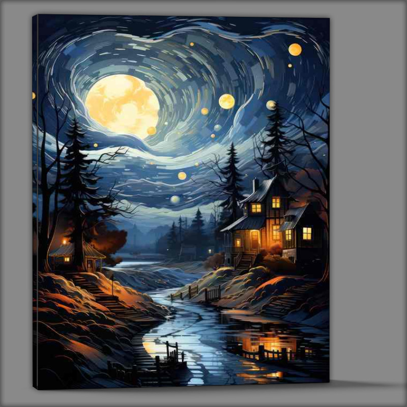 Buy Canvas : (Twinkling Tapestry Over the Tranquil Village Night)