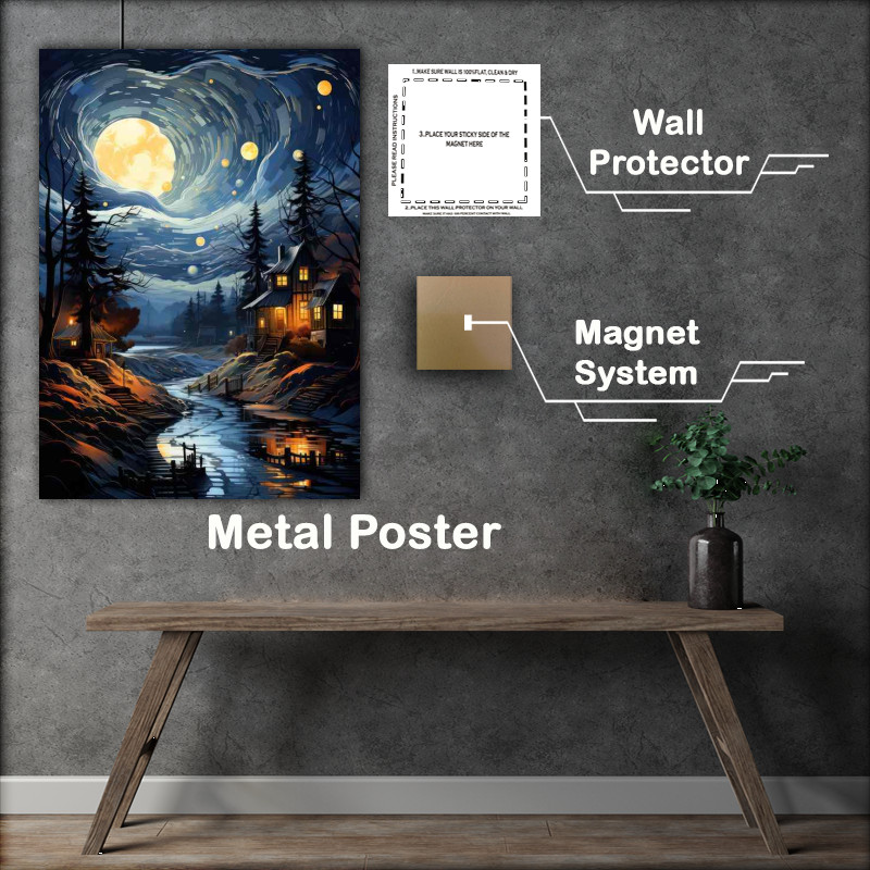 Buy Metal Poster : (Twinkling Tapestry Over the Tranquil Village Night)