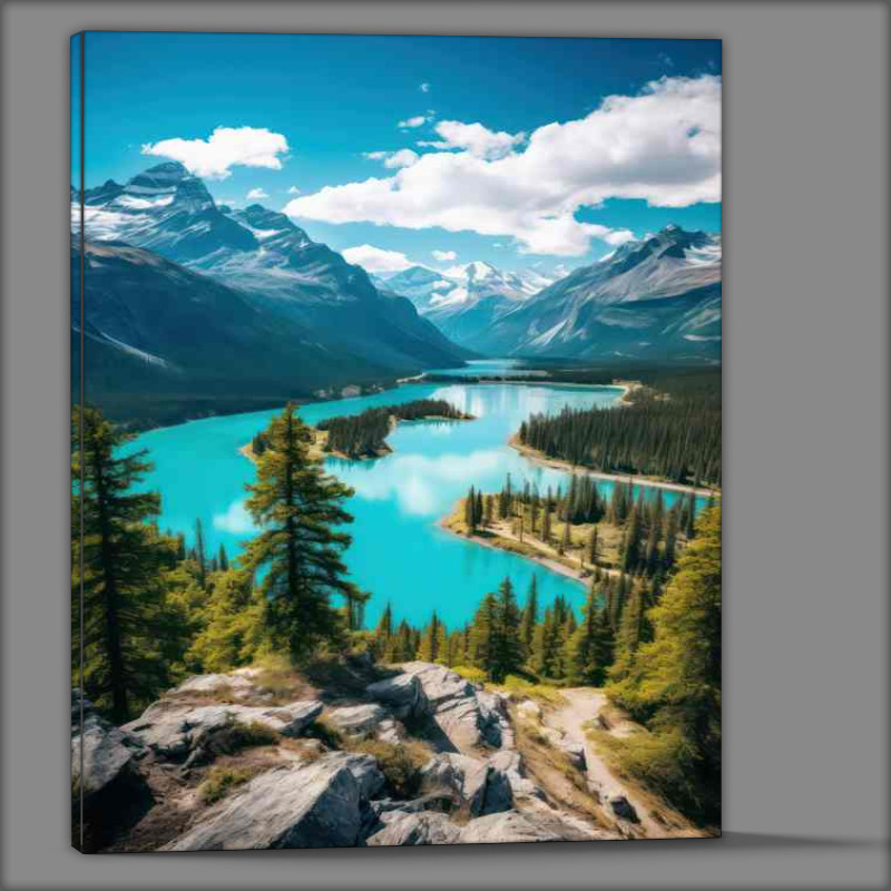 Buy Canvas : (A View Of Mountain Peaks And Turquoise lake)