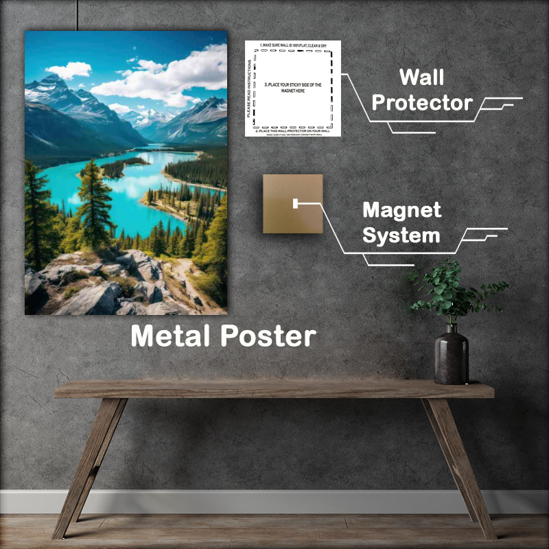 Buy Metal Poster : (A View Of Mountain Peaks And Turquoise lake)