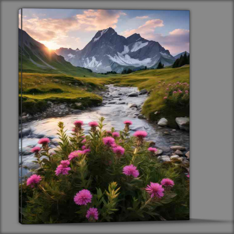 Buy Canvas : (Flowers in Purple Mountain Morning Call)