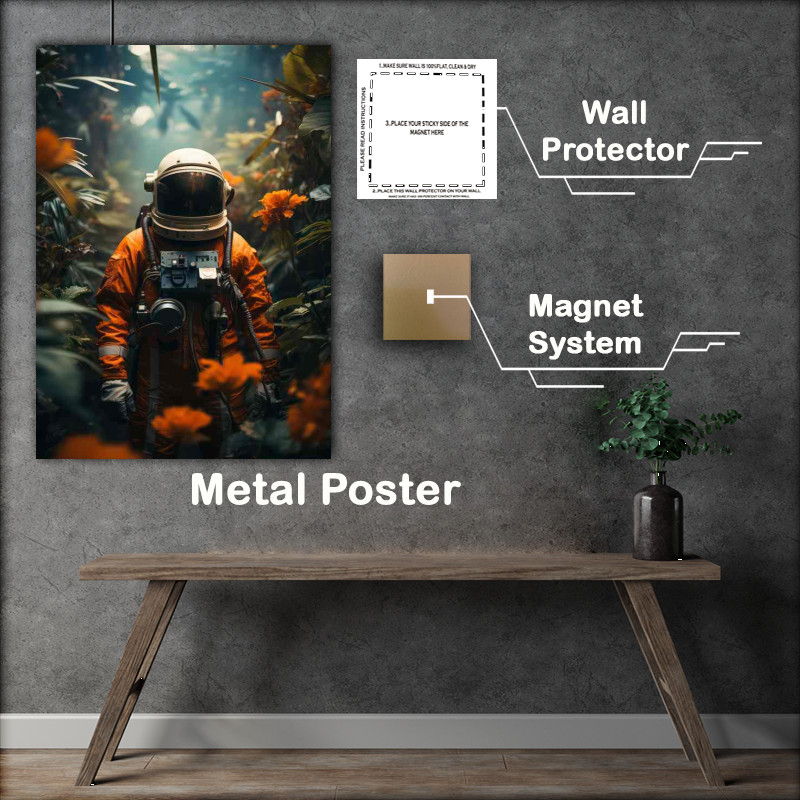 Buy Metal Poster : (Astronaut Standing Next To Leaves In The Jungle)