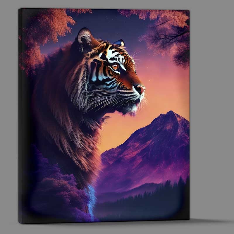 Buy Canvas : (Creative a tiger profile with trees and mountains)