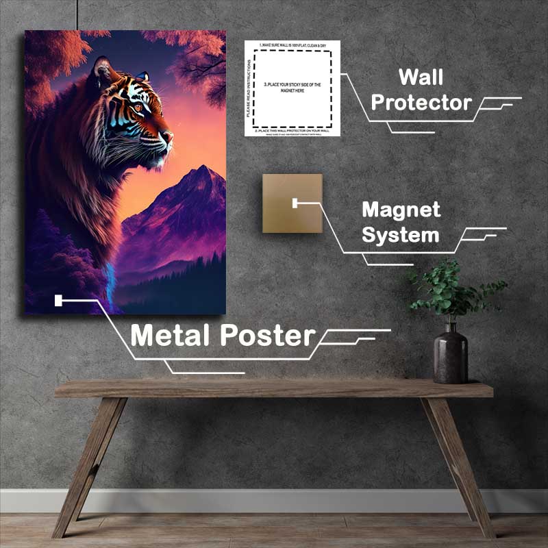 Buy Metal Poster : (Creative a tiger profile with trees and mountains)