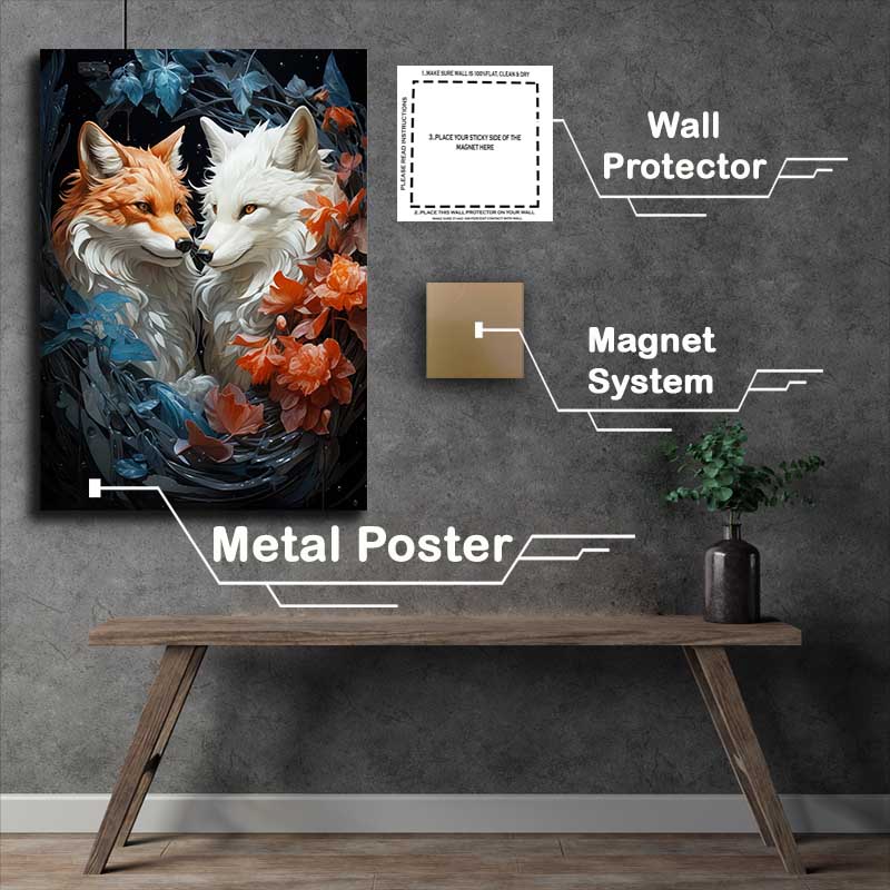 Buy Metal Poster : (Foxes in love surrounded by flowers)