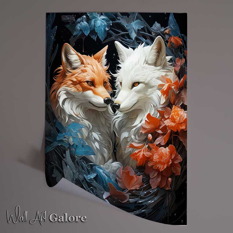Buy Unframed Poster : (Foxes in love surrounded by flowers)