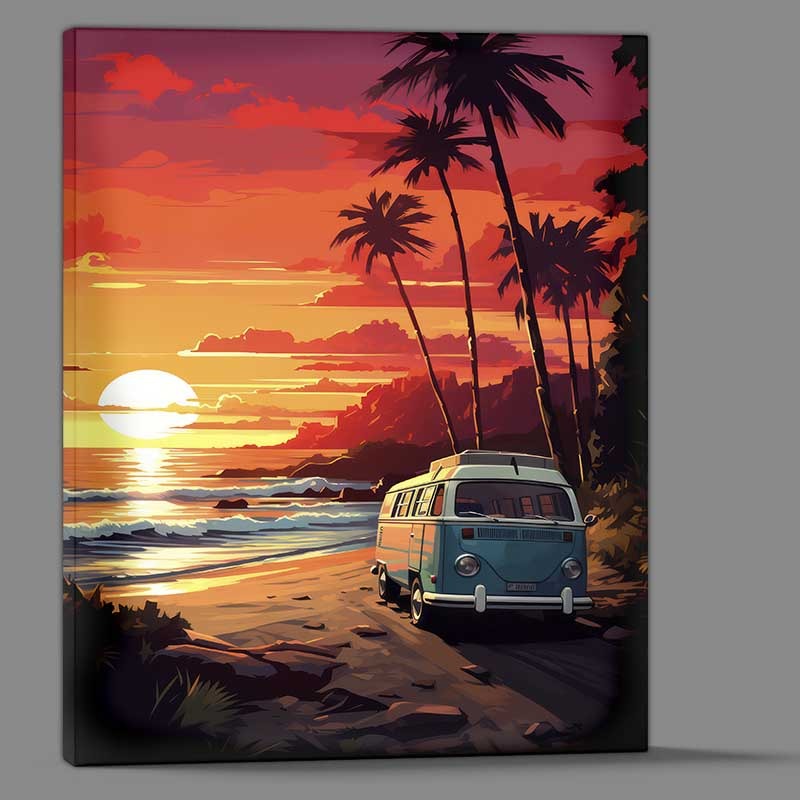 Buy Canvas : (Camper Bus Sitting In The Sunset By The Beach)