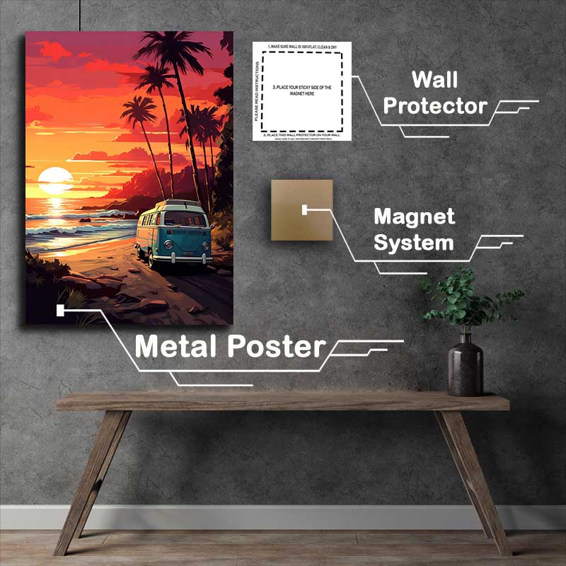 Buy Metal Poster : (Camper Bus Sitting In The Sunset By The Beach)