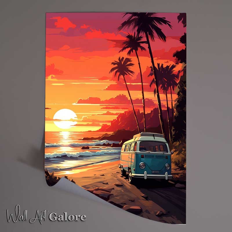 Buy Unframed Poster : (Camper Bus Sitting In The Sunset By The Beach)