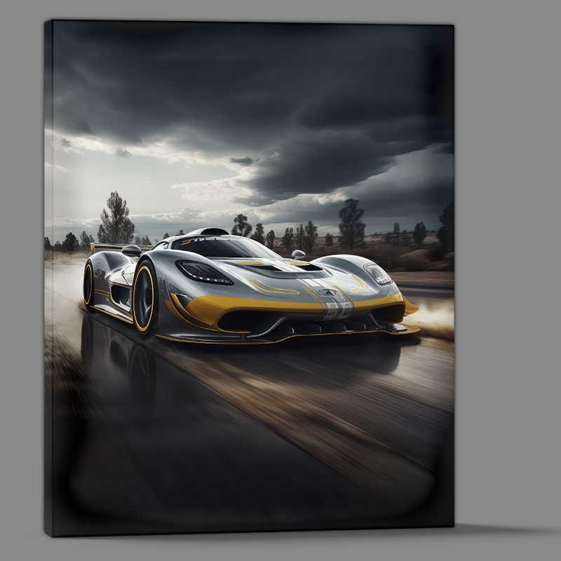 Buy Canvas : (Grey And Yellow Sports Car Flying Along The Road)