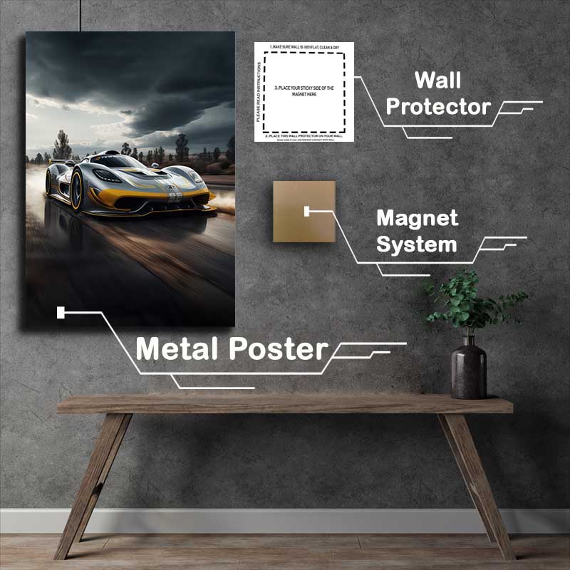 Buy Metal Poster : (Grey And Yellow Sports Car Flying Along The Road)