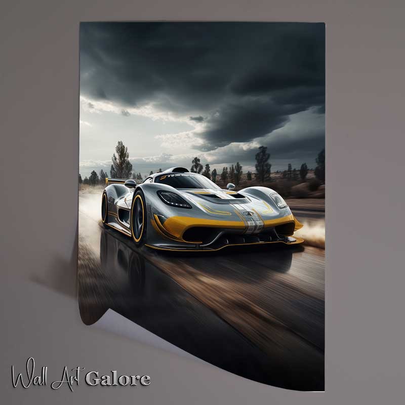 Buy Unframed Poster : (Grey And Yellow Sports Car Flying Along The Road)