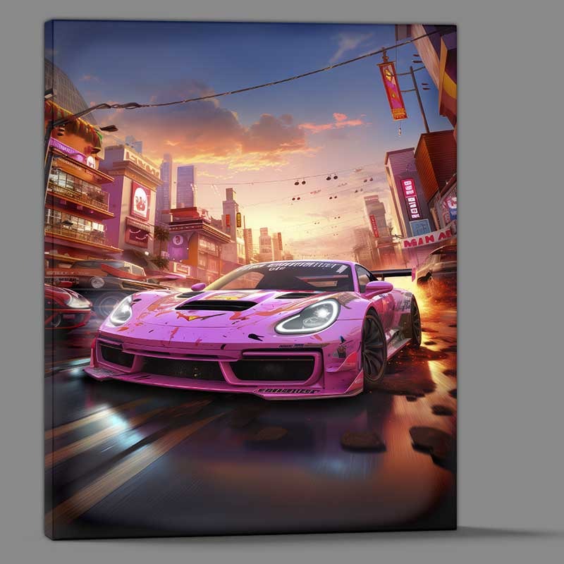 Buy Canvas : (Pink Hot Porky Racing Car Sunset)