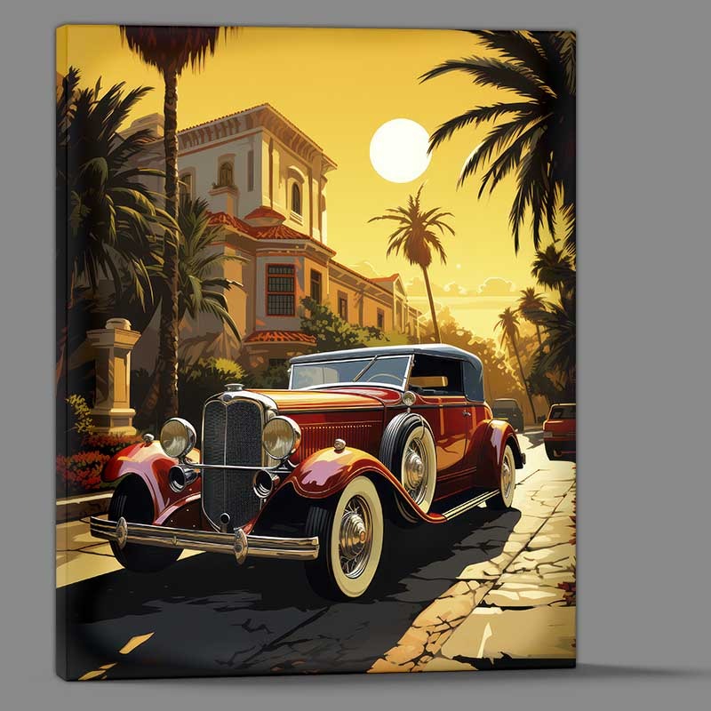 Buy Canvas : (Red Vintage Parked Car In front Of Towering Palm Tree)