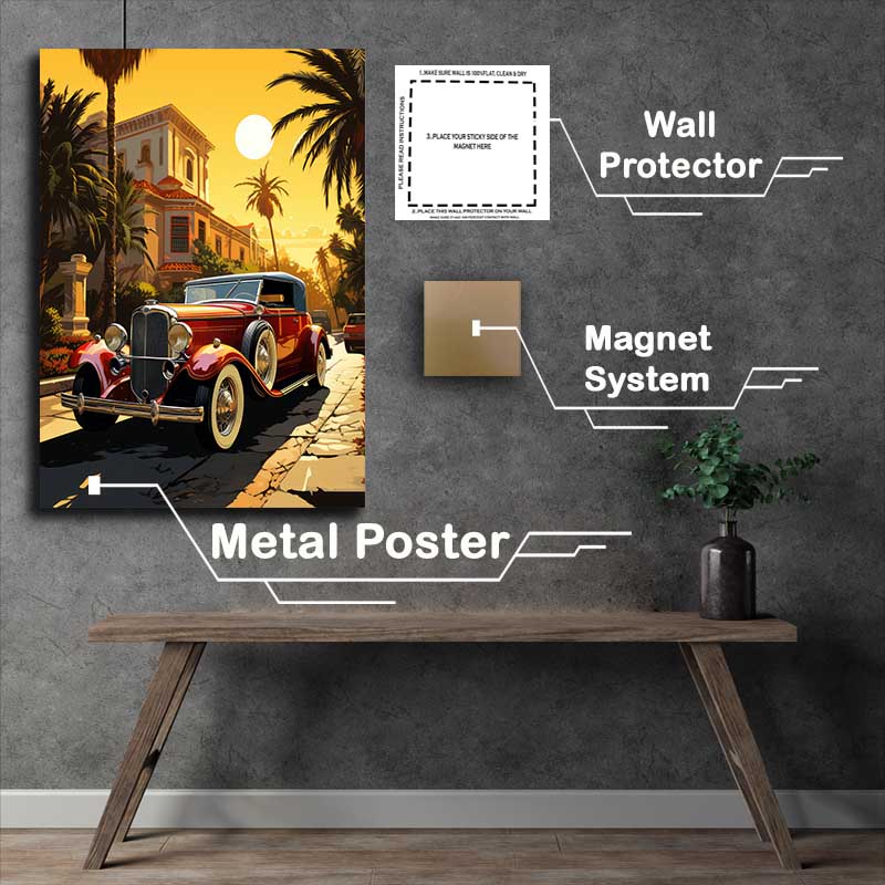 Buy Metal Poster : (Red Vintage Parked Car In front Of Towering Palm Tree)