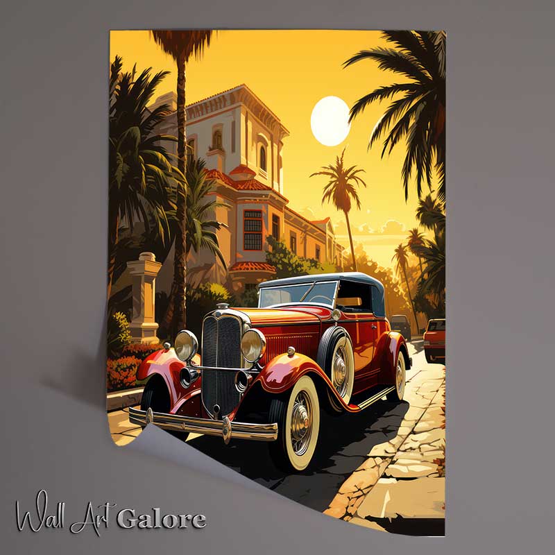 Buy Unframed Poster : (Red Vintage Parked Car In front Of Towering Palm Tree)