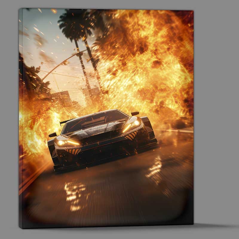 Buy Canvas : (Super Car Driving Through The Streets Of Fire)