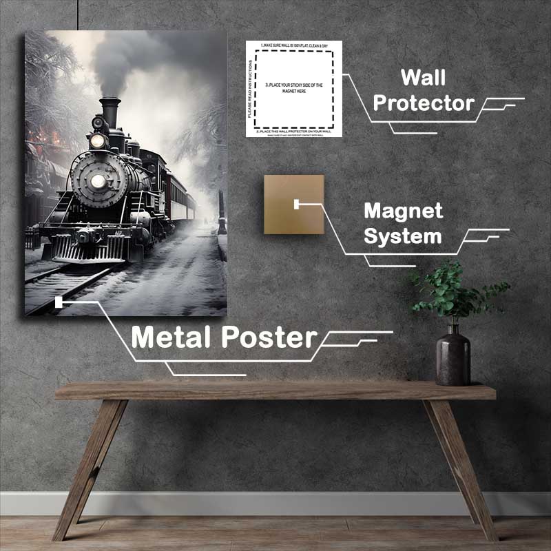 Buy Metal Poster : (An Old Strem Train Leaving The Station In The Snow)