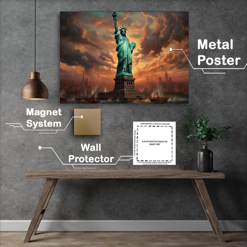 Buy Metal Poster : (The Statue Of Liberty Swirling Skies Freedom)