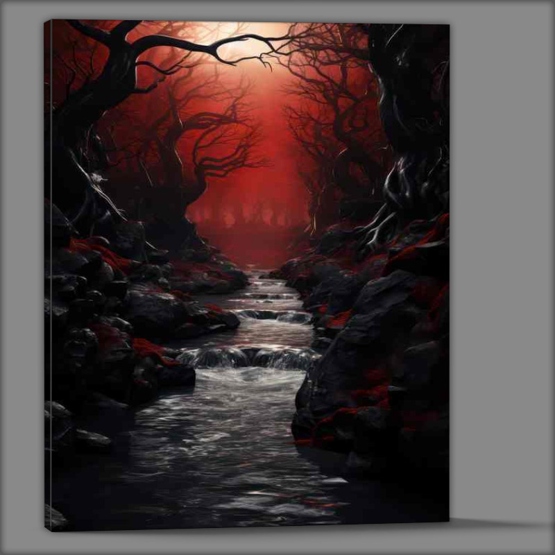 Buy Canvas : (Dark Red Dusk with Forest Silhouettes)