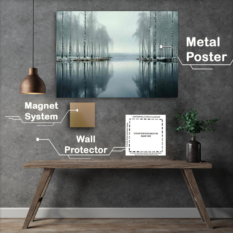 Buy Metal Poster : (A Tranquil Scene Black And White Trees Reflection)