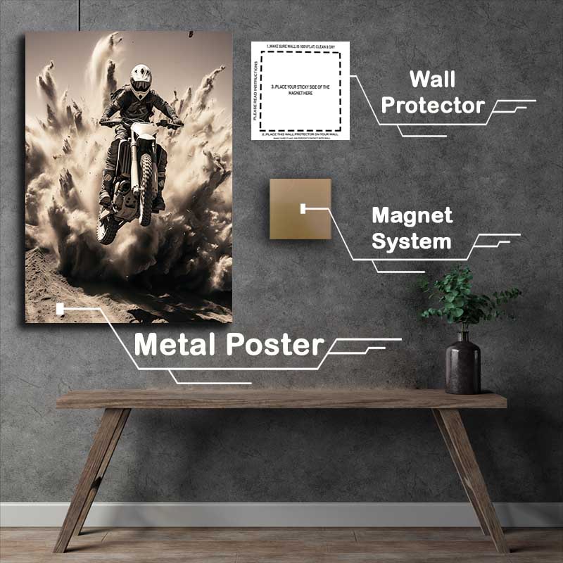 Buy Metal Poster : (Dirt Bike Flying With Explosion Black And White)