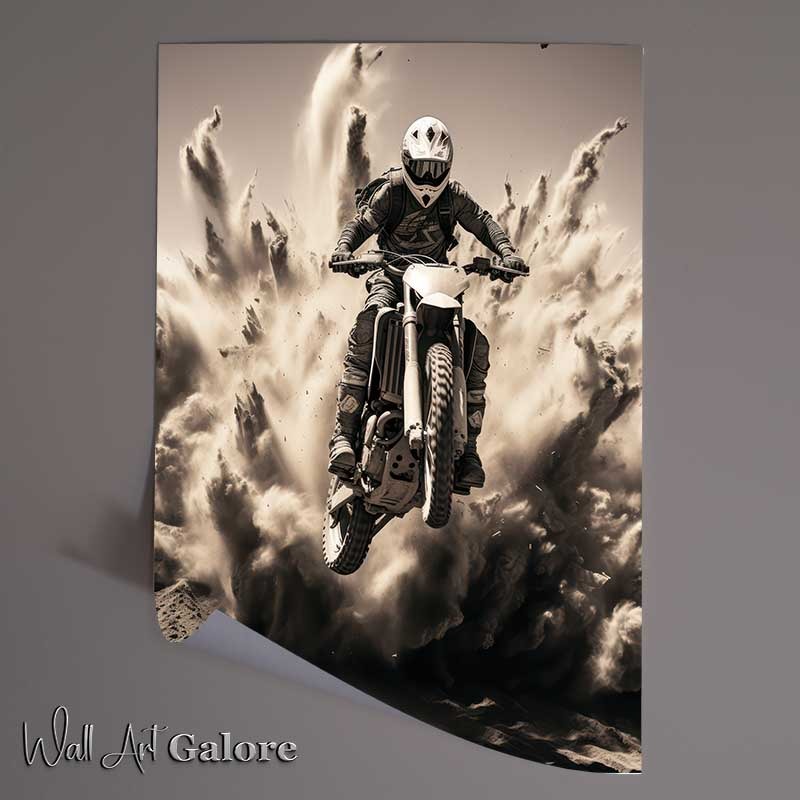 Buy Unframed Poster : (Dirt Bike Flying With Explosion Black And White)
