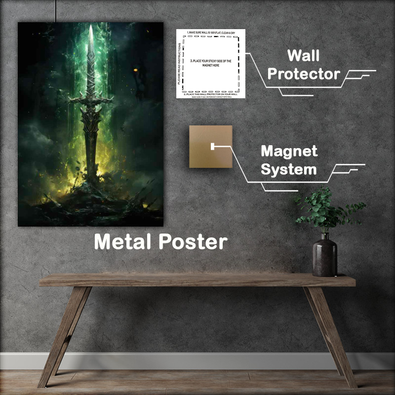 Buy Metal Poster : (Green sword on top of water with splashes)