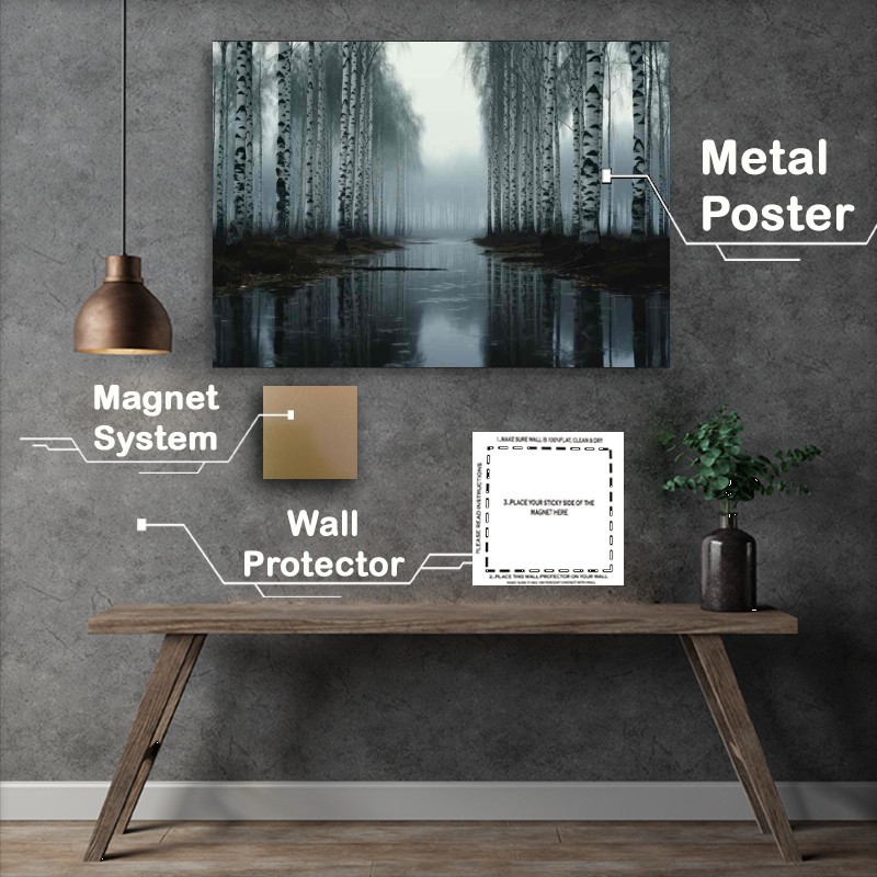 Buy Metal Poster : (Mirror of Nature Trees Reflecting in Monochrome)