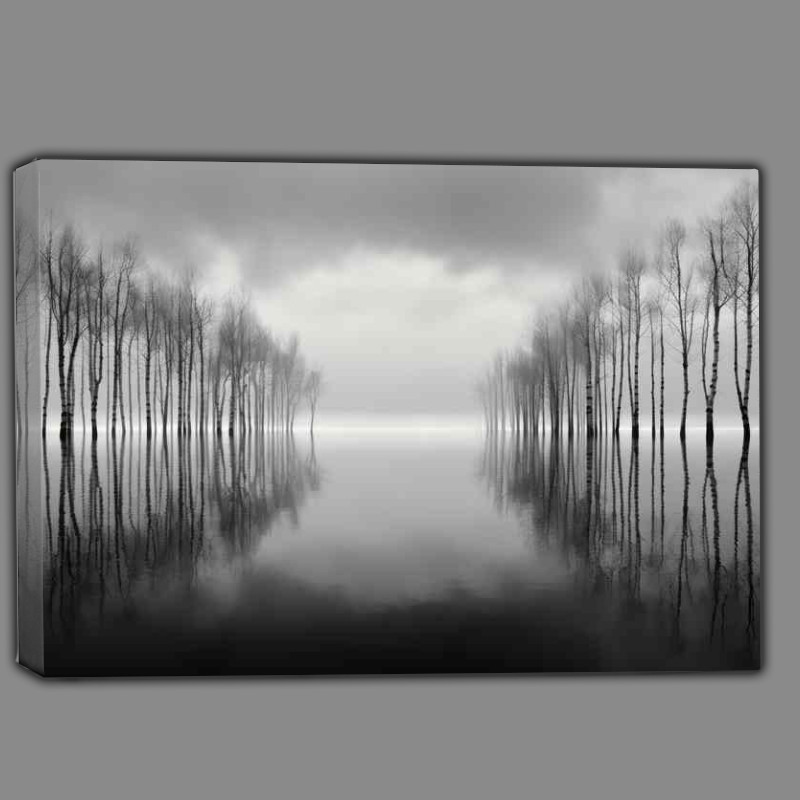 Buy Canvas : (Quiet Waterside Reverie Reflecting Trees in black and white)
