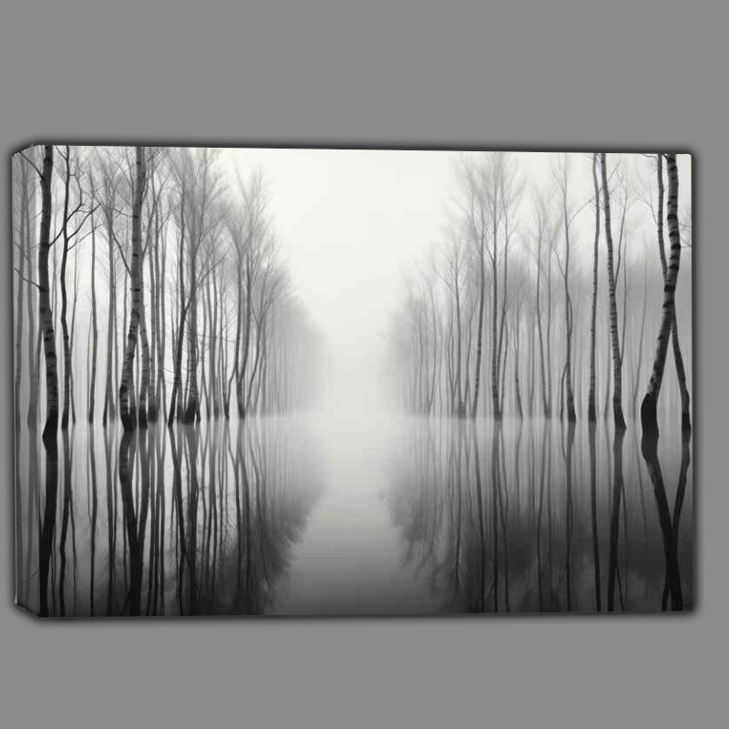 Buy Canvas : (Waters Reflective Embrace Monochromatic Trees)