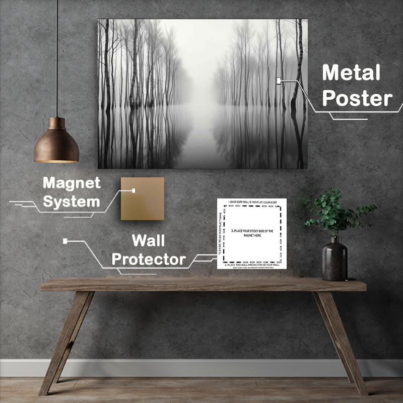Buy Metal Poster : (Waters Reflective Embrace Monochromatic Trees)