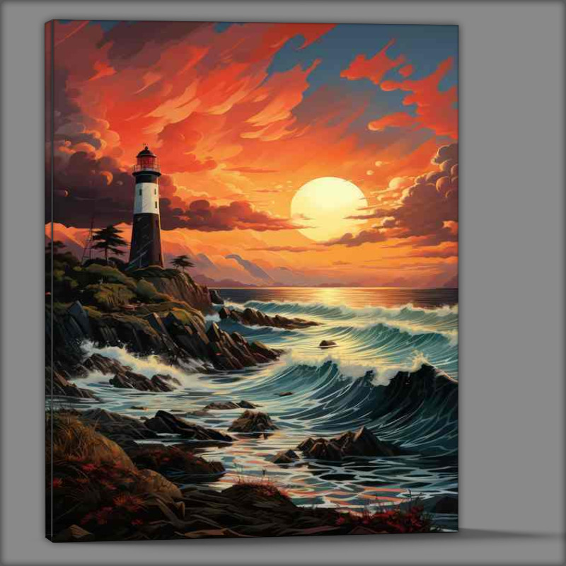Buy Canvas : (Golden Hour Glow Lighthouse at Sunset)