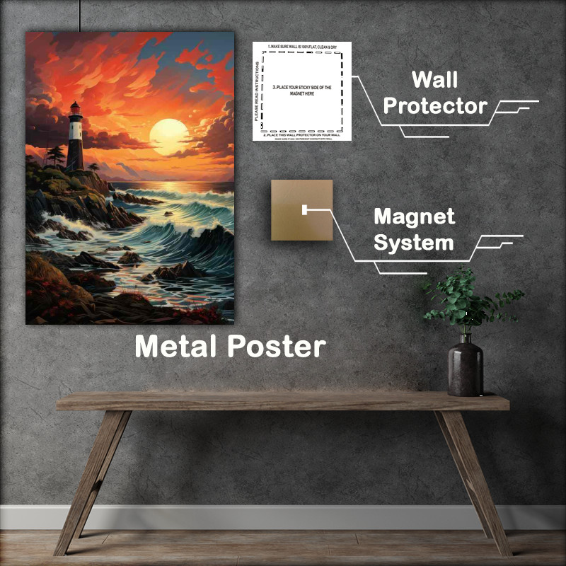 Buy Metal Poster : (Golden Hour Glow Lighthouse at Sunset)