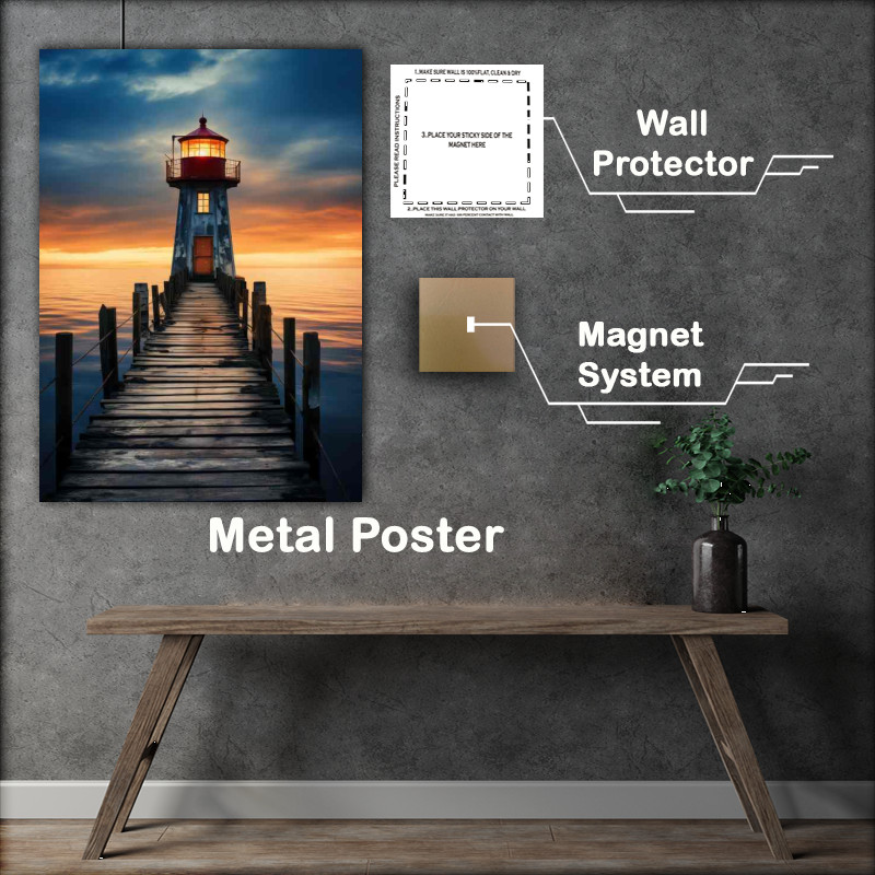 Buy Metal Poster : (Lighthouse in the Golden Sky Glows)