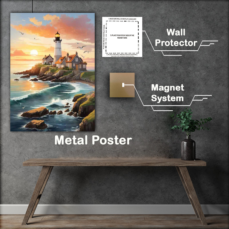 Buy Metal Poster : (Sunrise Sentinel Lighthouse Awakens in Light)