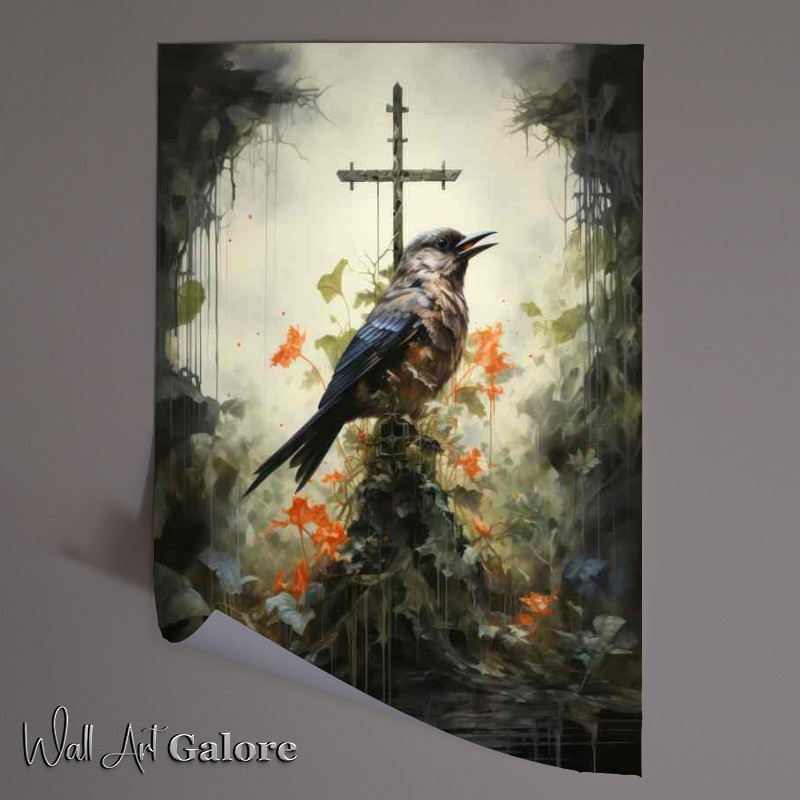 Buy Unframed Poster : (Divine Aviary Birds and Flowers Surrounding the Holy Cross)