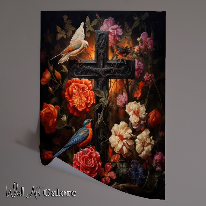 Buy Unframed Poster : (he Cross and Nature Finding Peace among Flowers and Birds)