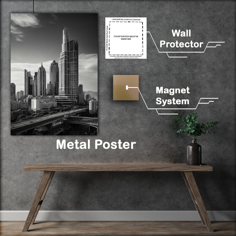 Buy Metal Poster : (Black and white towering city)