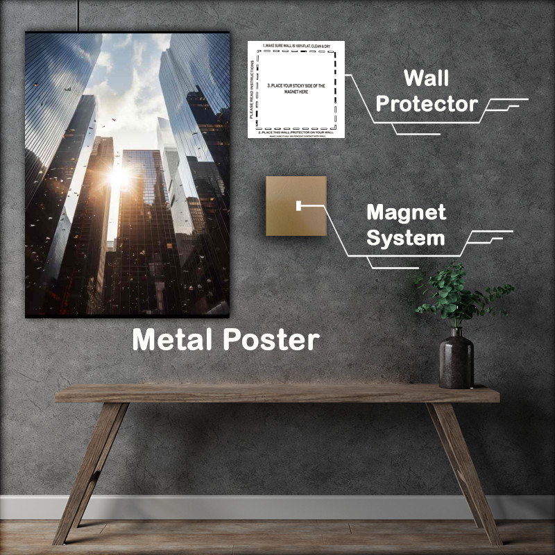 Buy Metal Poster : (New York Skyscrapers with sun)