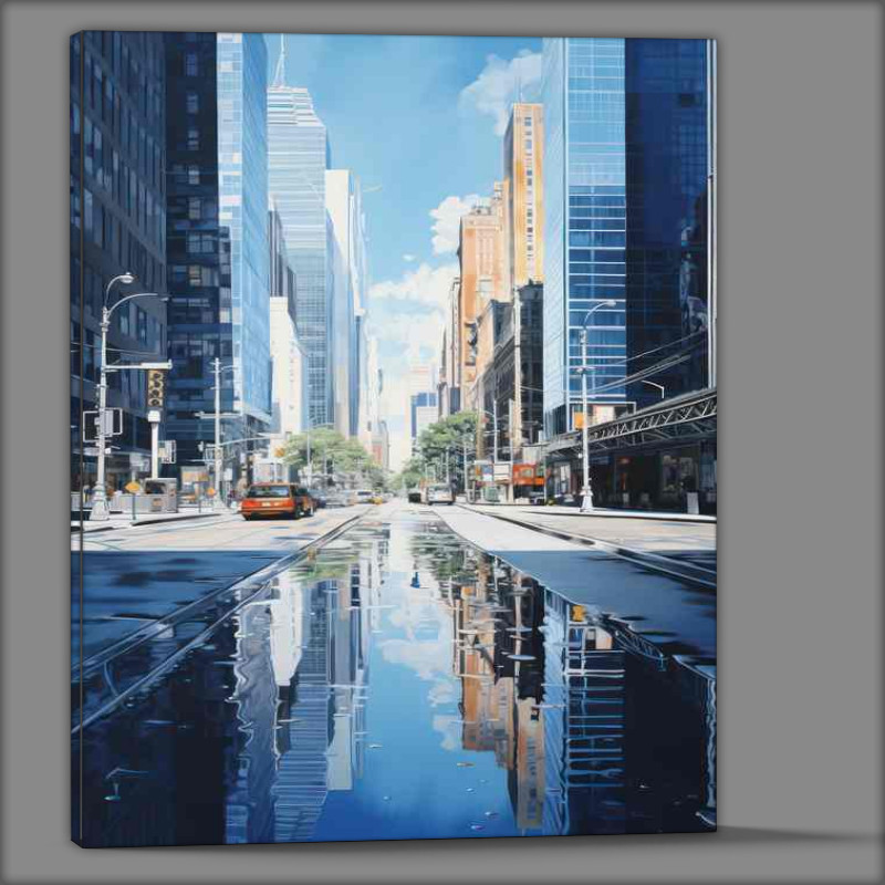 Buy Canvas : (Reflections in the water from tall buildings in the city)