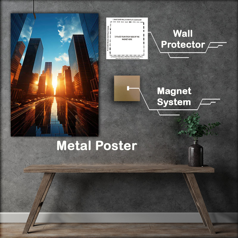 Buy Metal Poster : (Towering Skyscrapers in a city low sun rising)