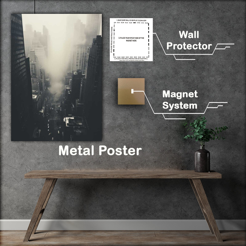 Buy Metal Poster : (Towering skyscrapers with mist in a city)