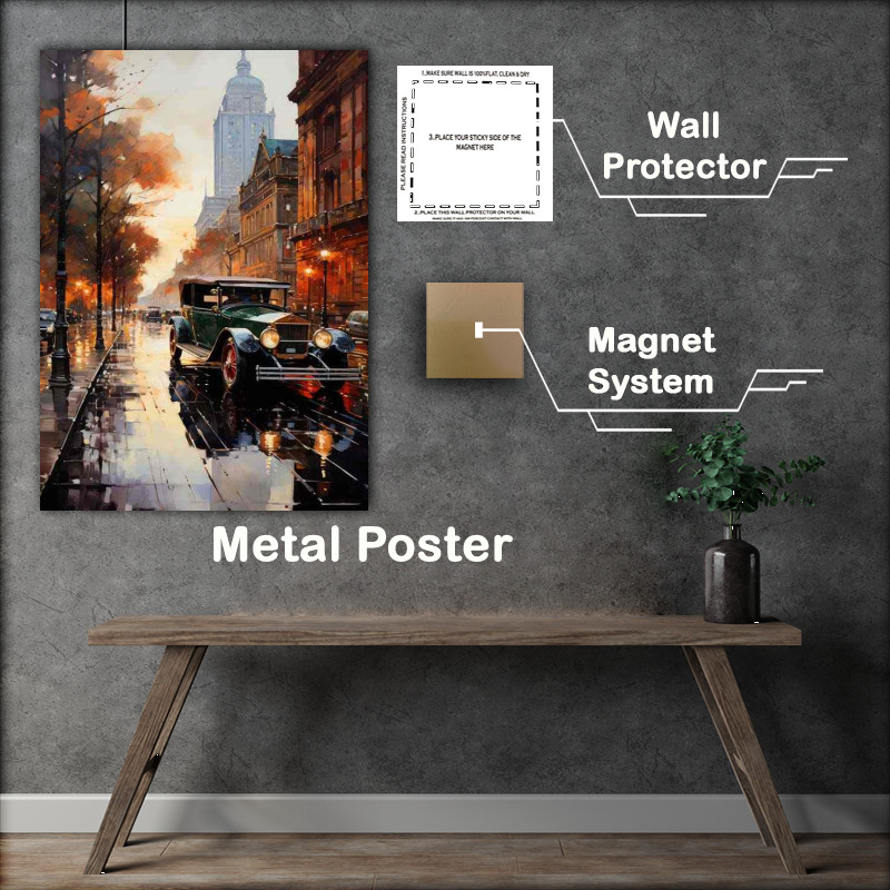 Buy Metal Poster : (New York painted effect street scene with old car)